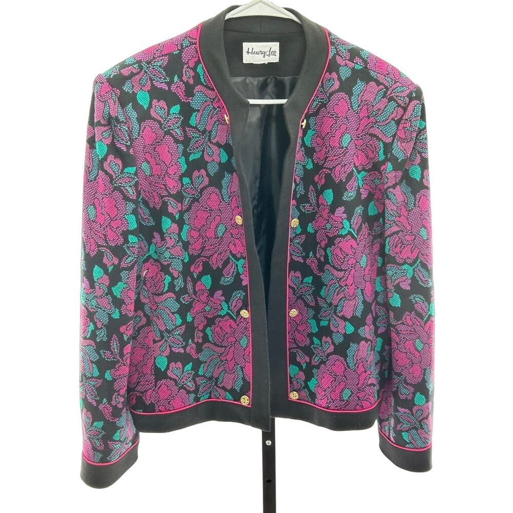 VTG Henry Lee Black/Purple Tapestry Stretch Knit Button Blazer Sz XL-1X 1980's